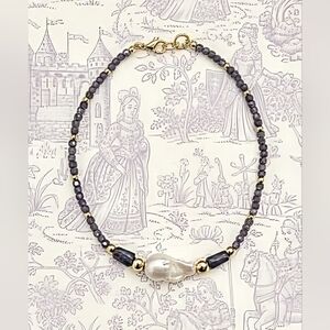 Genuine Tanzanite And Huge Freshwater Baroque Pearl Center In GP Necklace